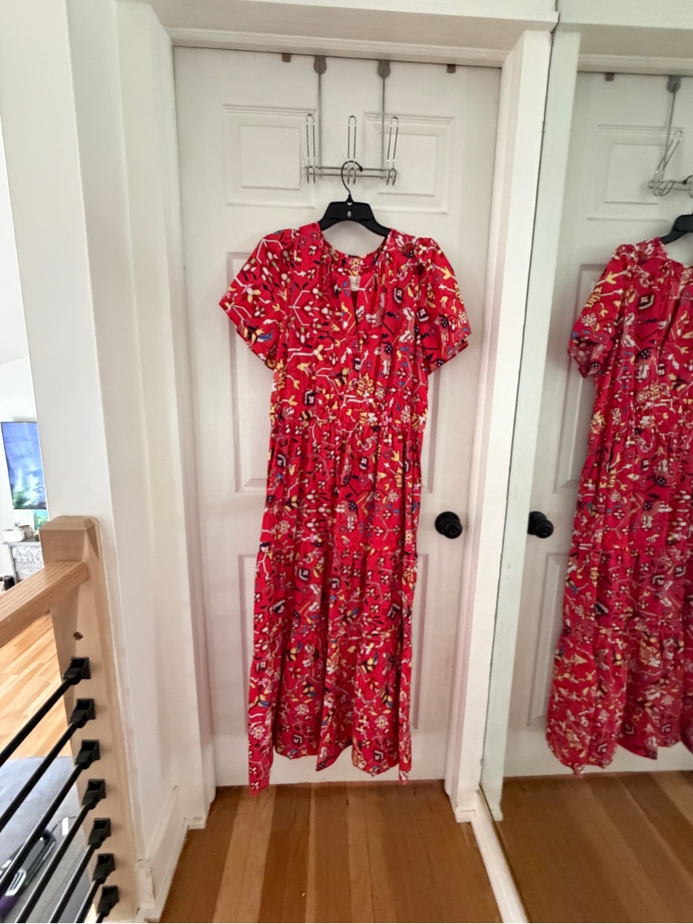 Anthropologie XL Somerset Red Tiered Short Sleeve Maxi with Multicolor Print - Picture 2 of 5